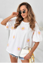 Bluse z bufkami i haftowanymi kwiatkami Sweet Daisy Weiß