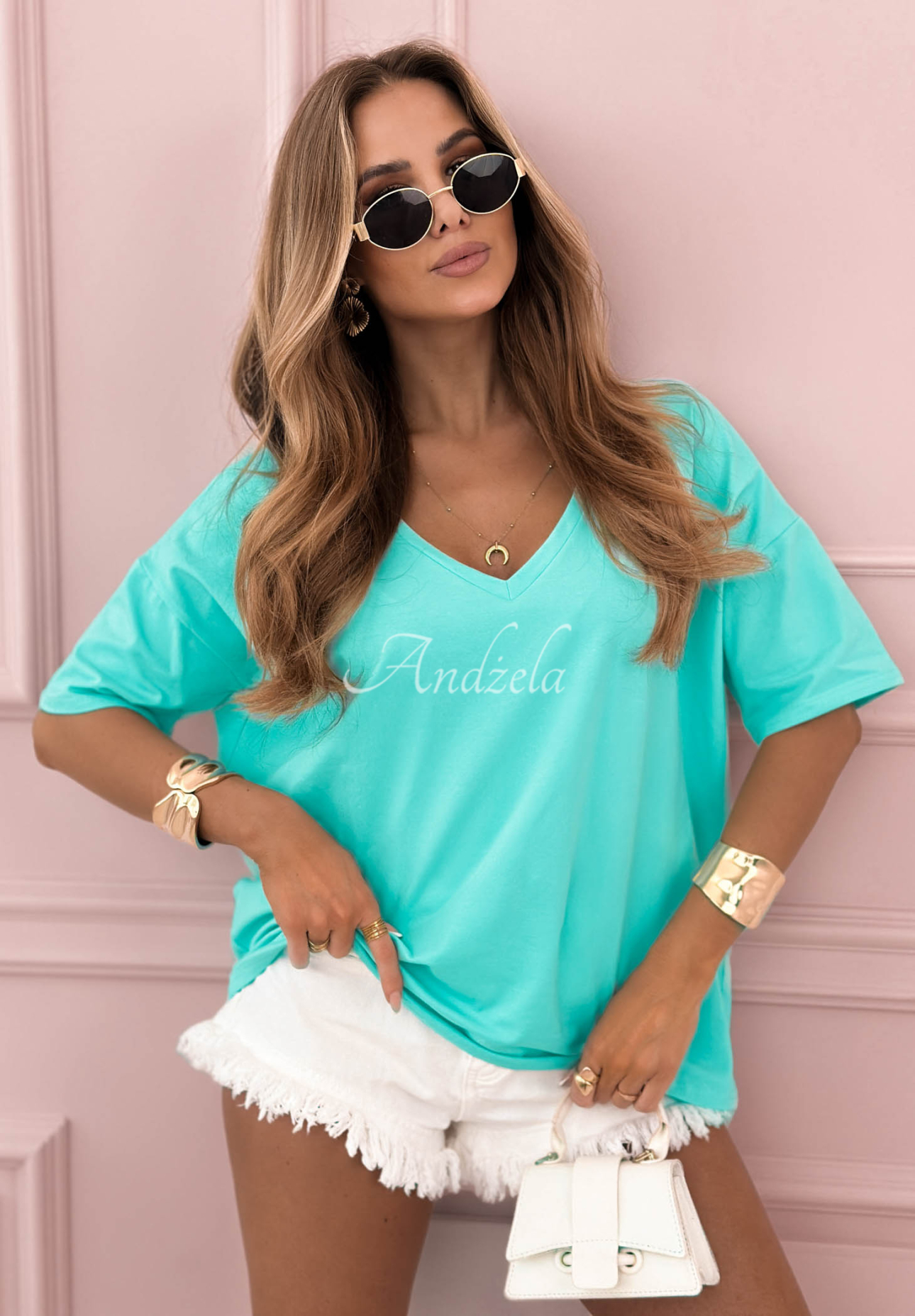 Oversize-T-Shirt mit V-Ausschnitt Cascade Türkis