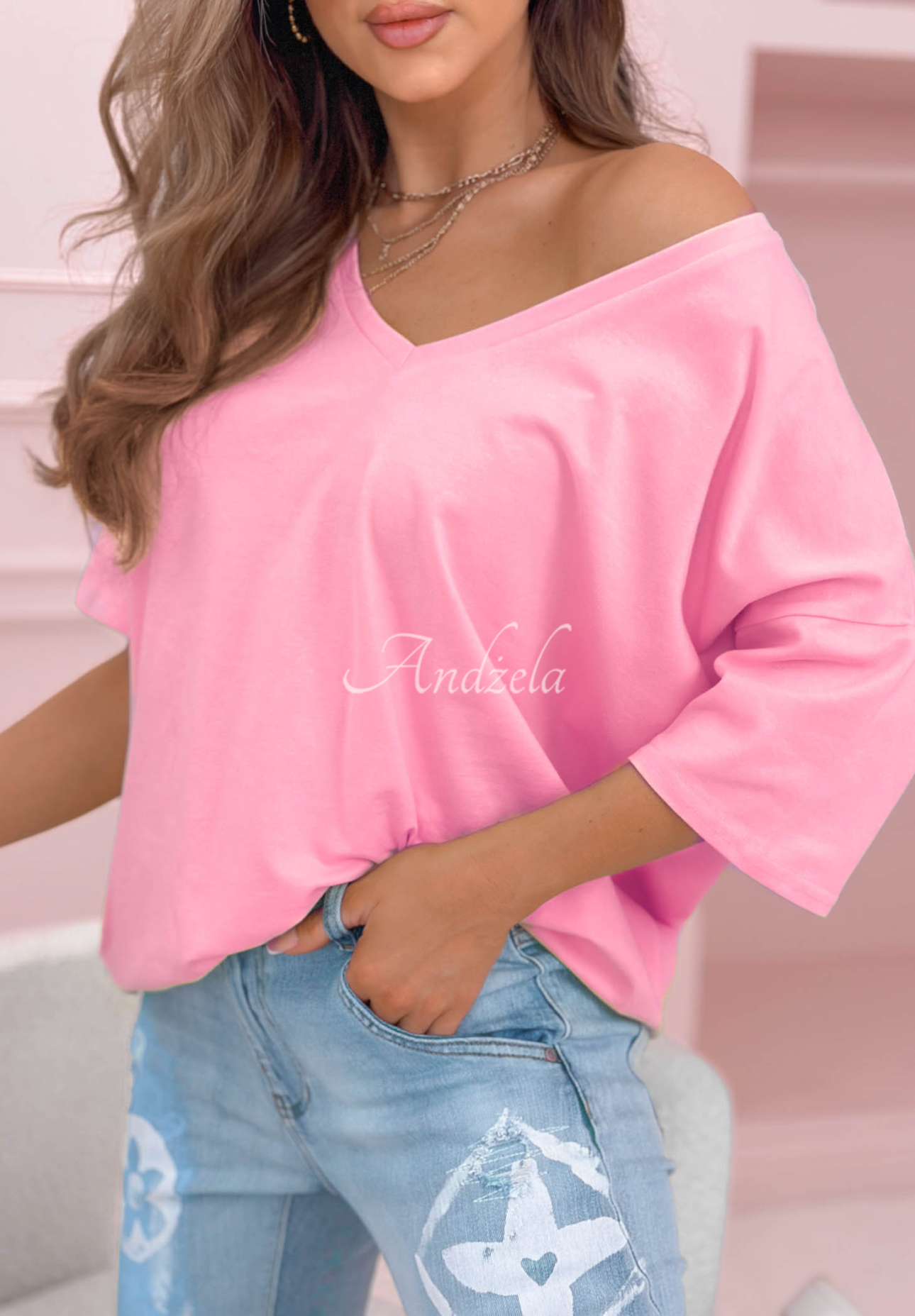 Oversize-T-Shirt mit V-Ausschnitt Cascade Rosa