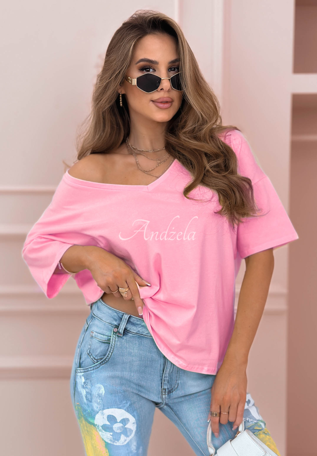 Oversize-T-Shirt mit V-Ausschnitt Cascade Rosa