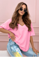 T-shirt oversize z dekoltem w serek Cascade neonowy różowy
