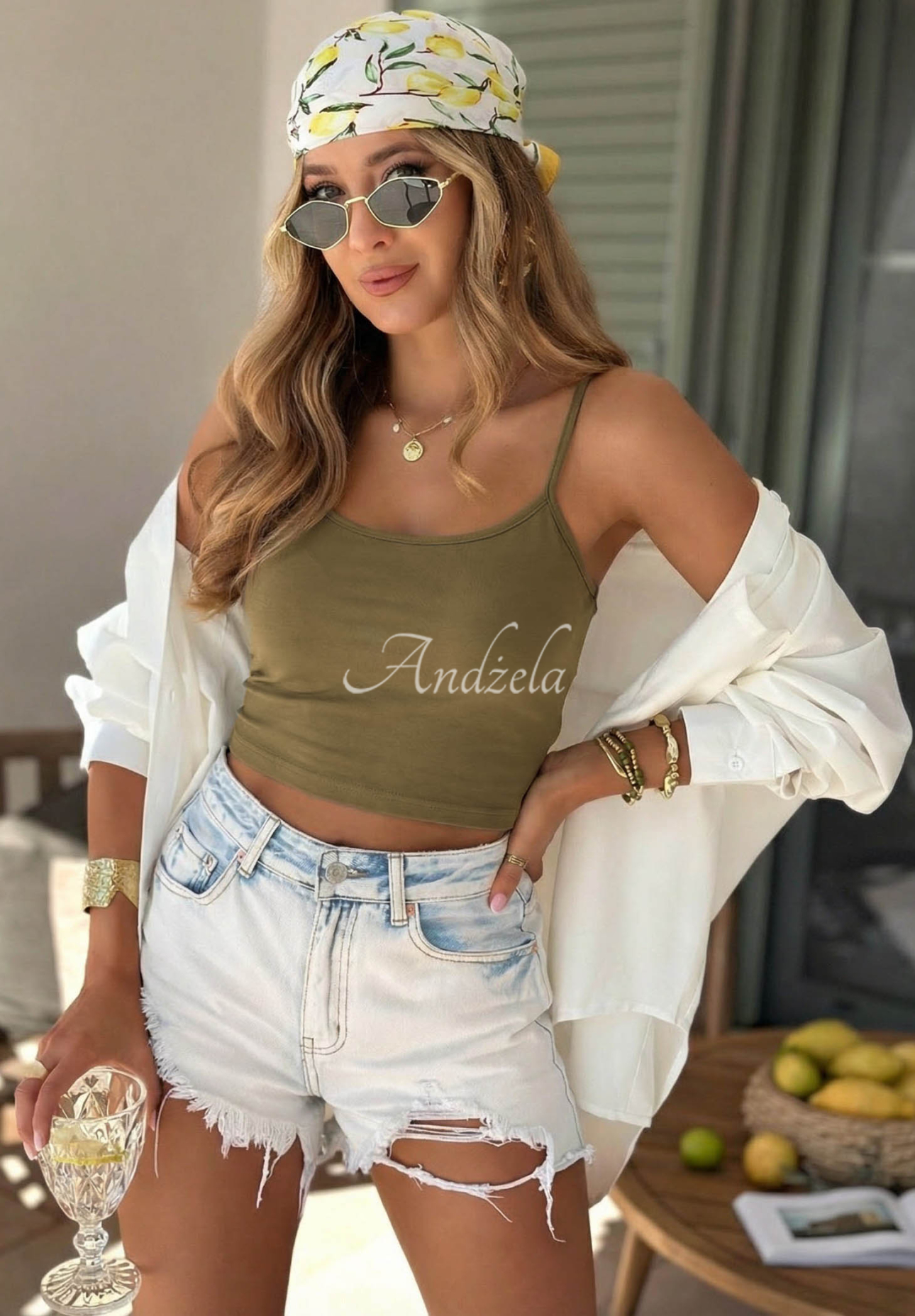 Kurzes Baumwoll-Trägertop Viva Oliva Olivgrün