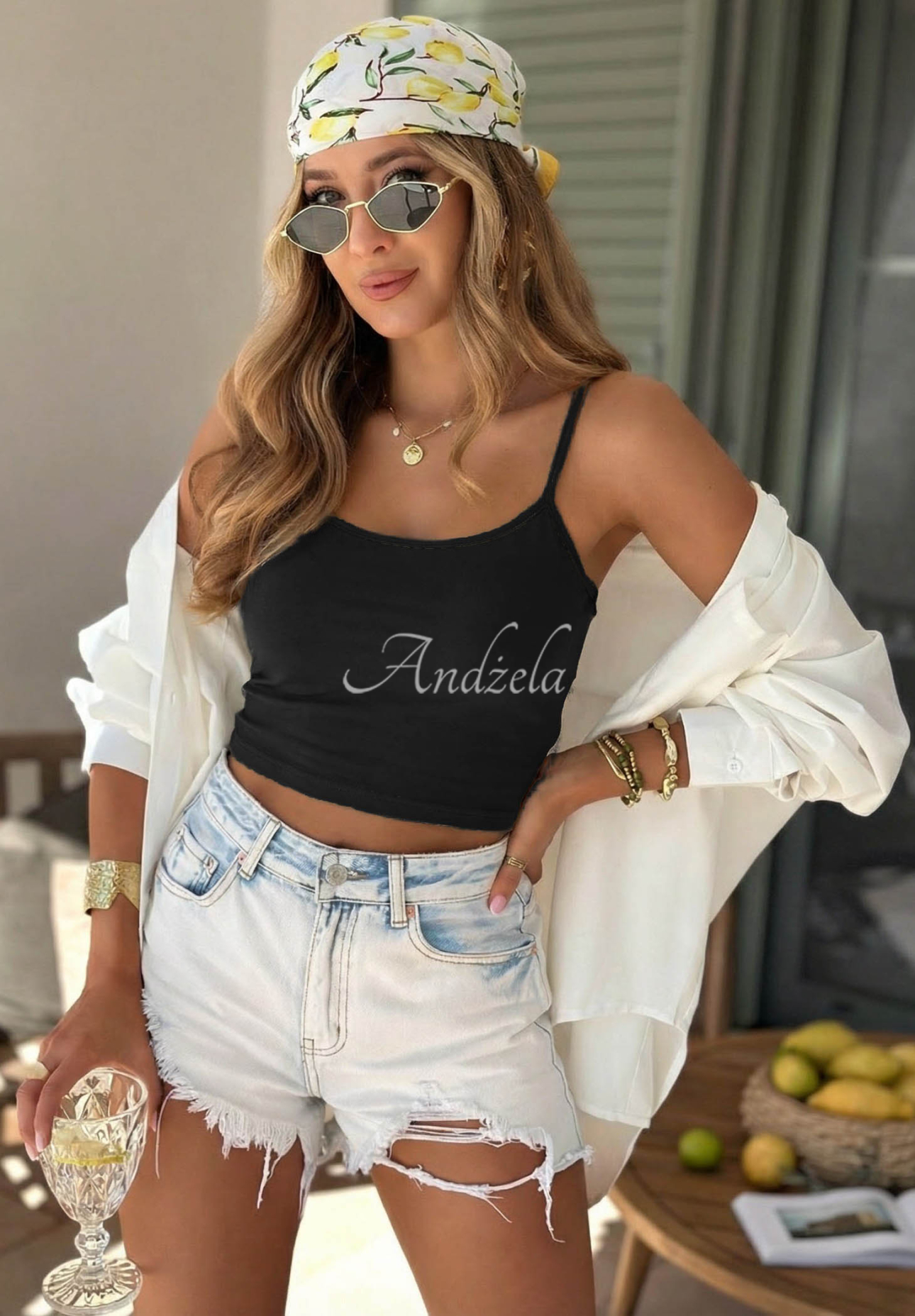 Kurzes Baumwoll-Trägertop Viva Oliva Schwarz