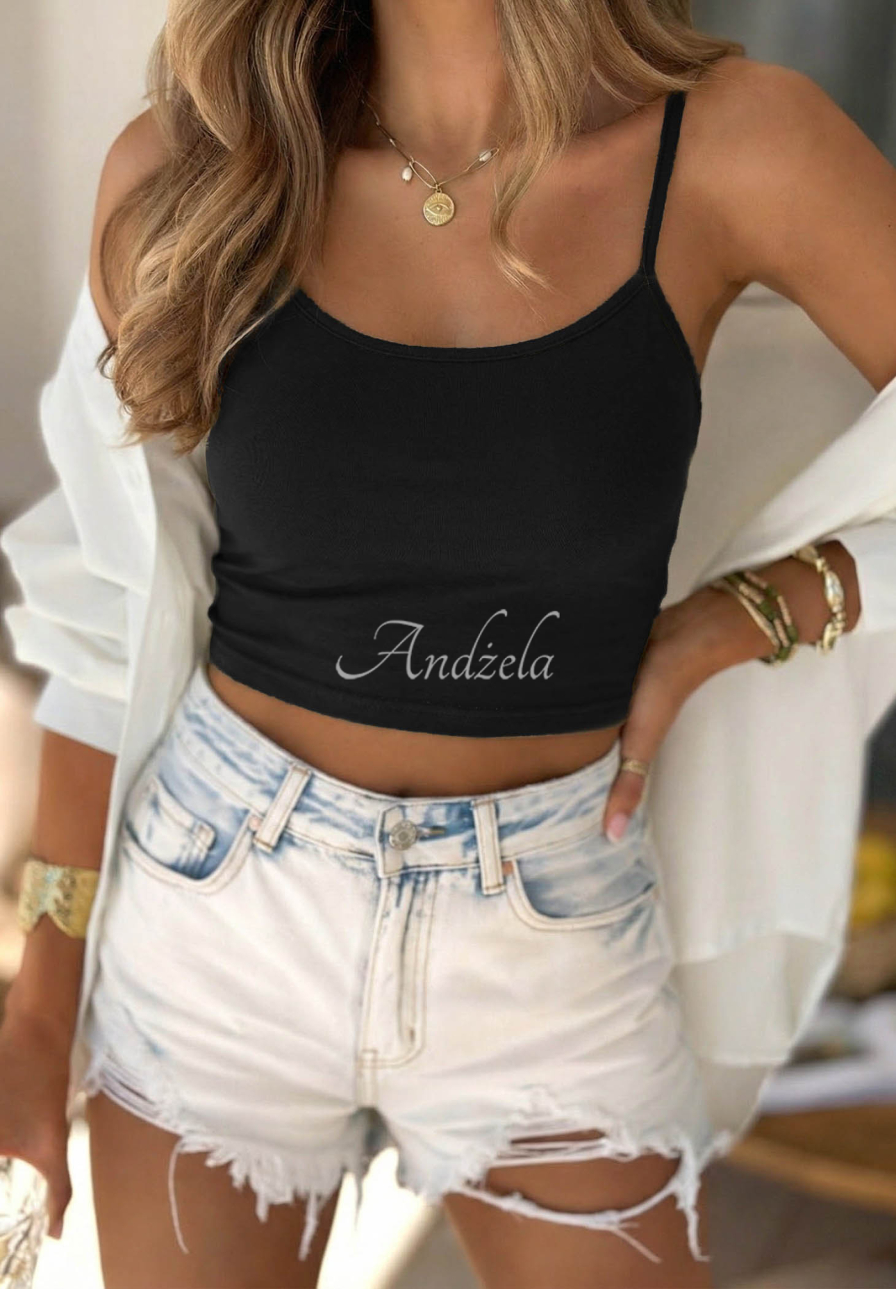 Kurzes Baumwoll-Trägertop Viva Oliva Schwarz