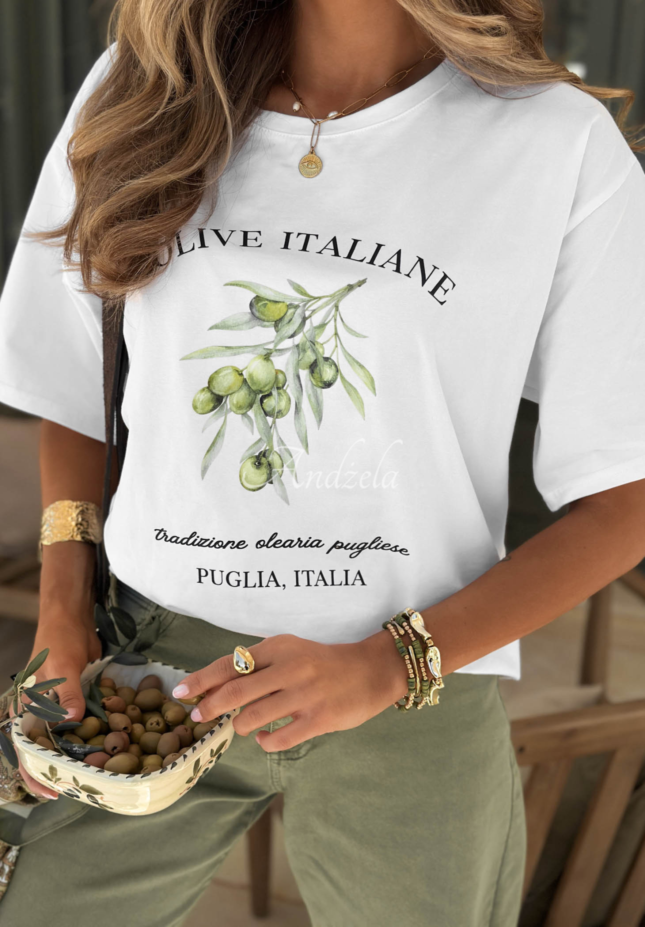 Baumwoll-T-Shirt mit Aufdruck Viva Oliva Weiß