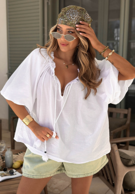 Baumwollbluse mit Puff&auml;rmeln und Bindeband am Ausschnitt Bellanova Wei&szlig;