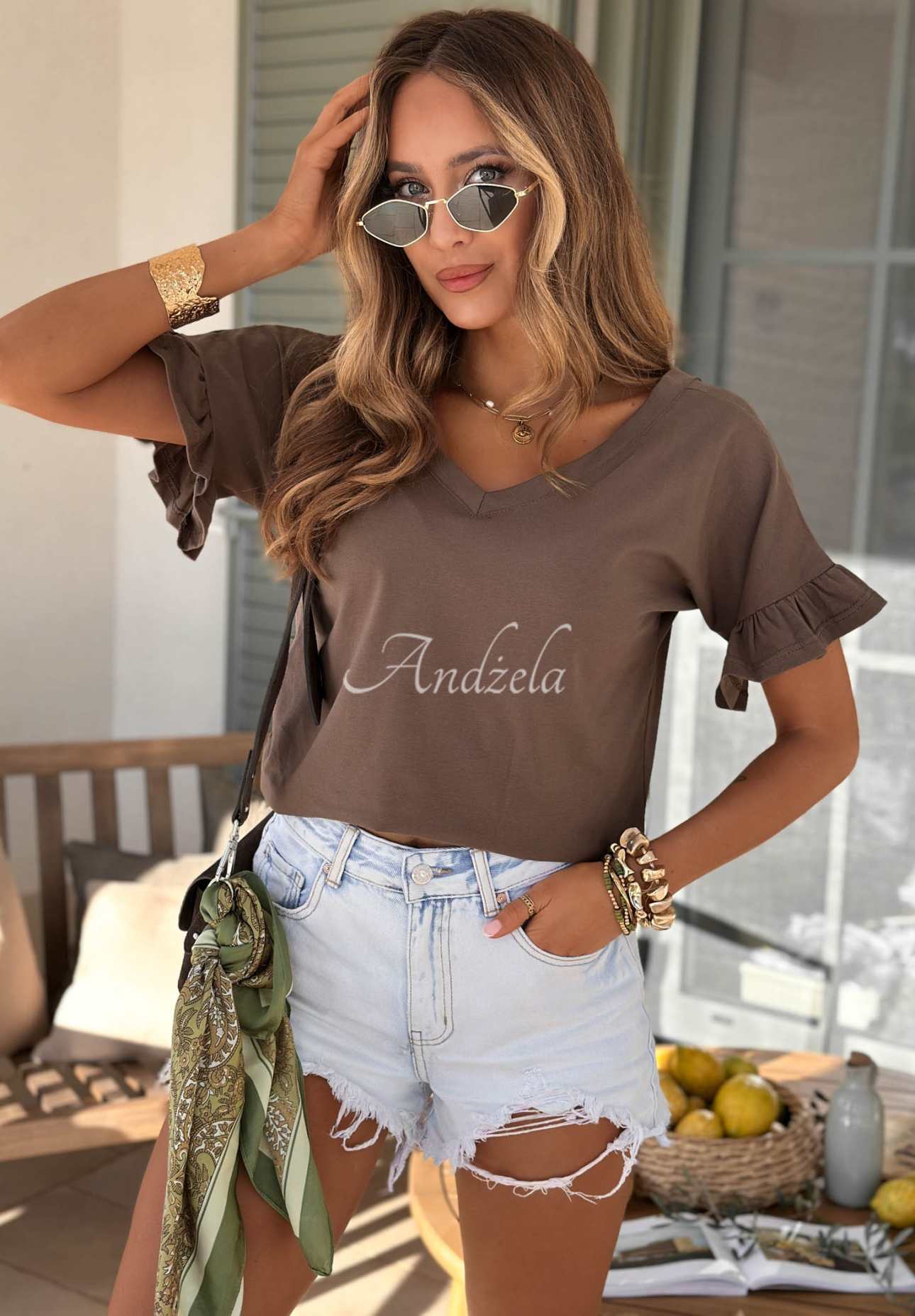 Baumwoll-T-Shirt mit Rüschen Ask For More Schokoladenbraun