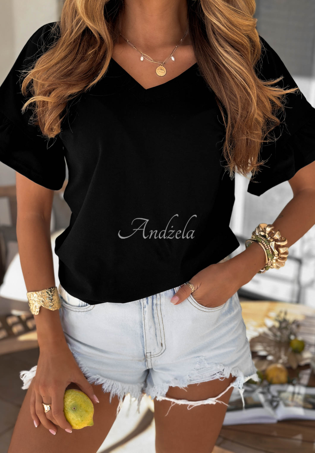 Baumwoll-T-Shirt mit Rüschen Ask For More Schwarz