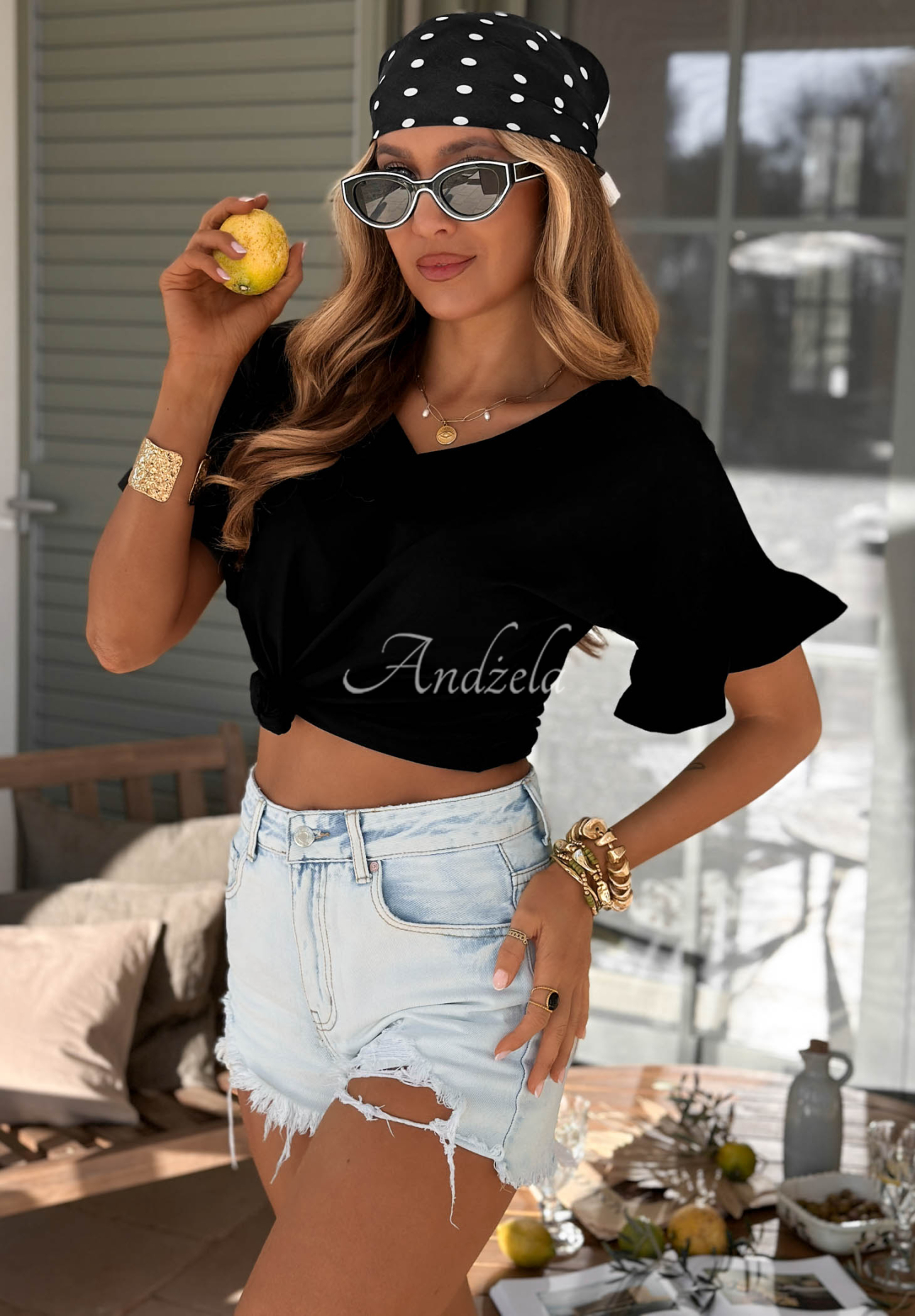 Baumwoll-T-Shirt mit Rüschen Ask For More Schwarz