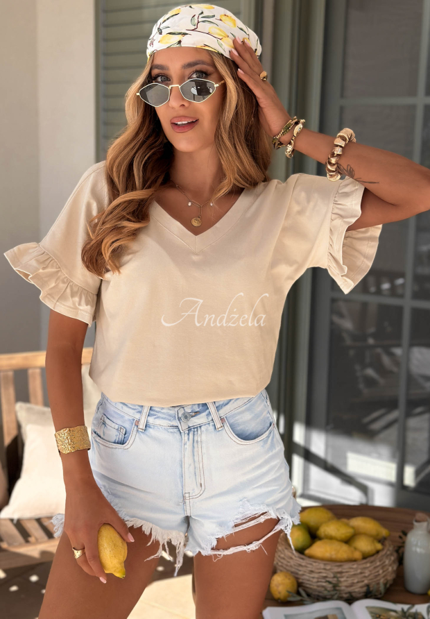 Baumwoll-T-Shirt mit R&uuml;schen Ask For More Beige