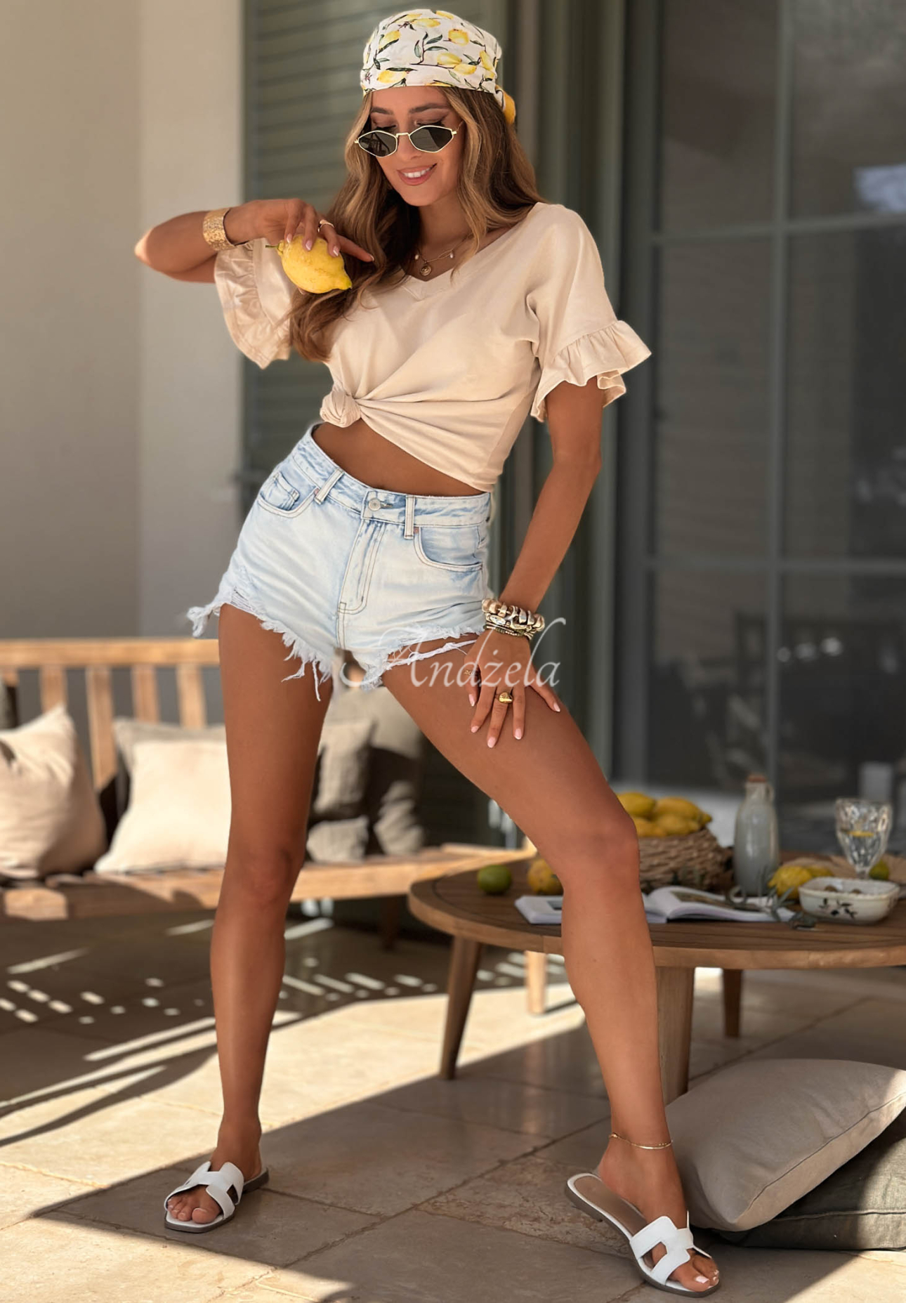 Baumwoll-T-Shirt mit Rüschen Ask For More Beige