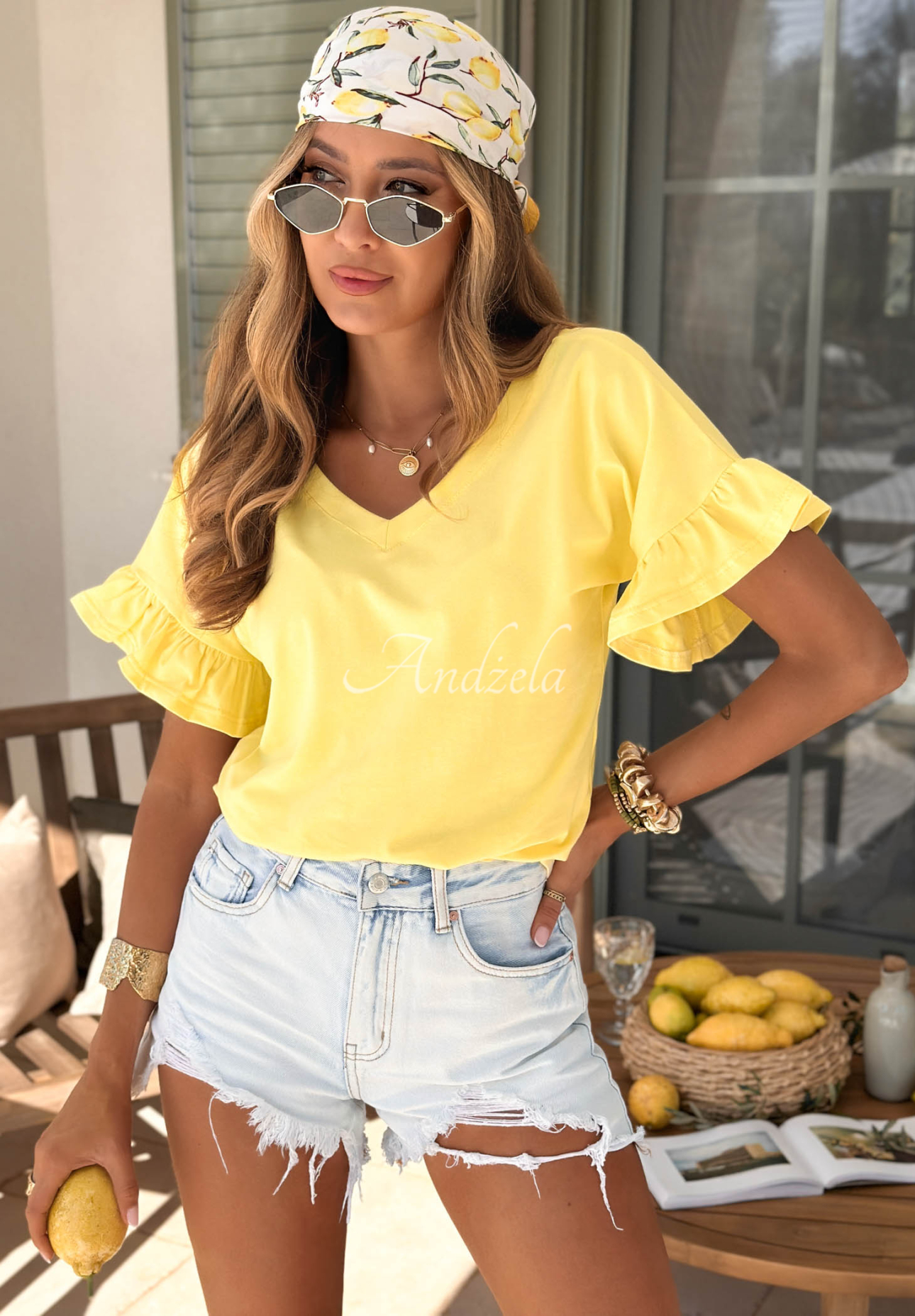 Baumwoll-T-Shirt mit Rüschen Ask For More Bananengelb