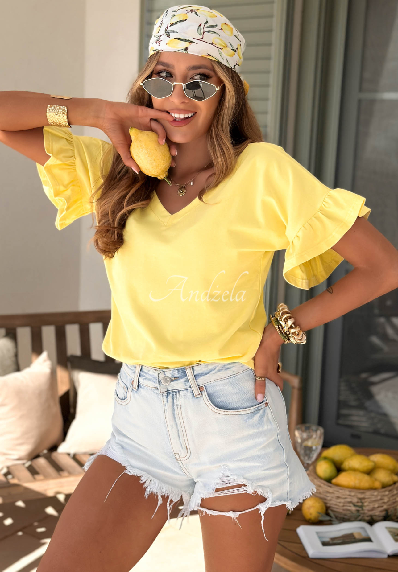 Baumwoll-T-Shirt mit Rüschen Ask For More Bananengelb