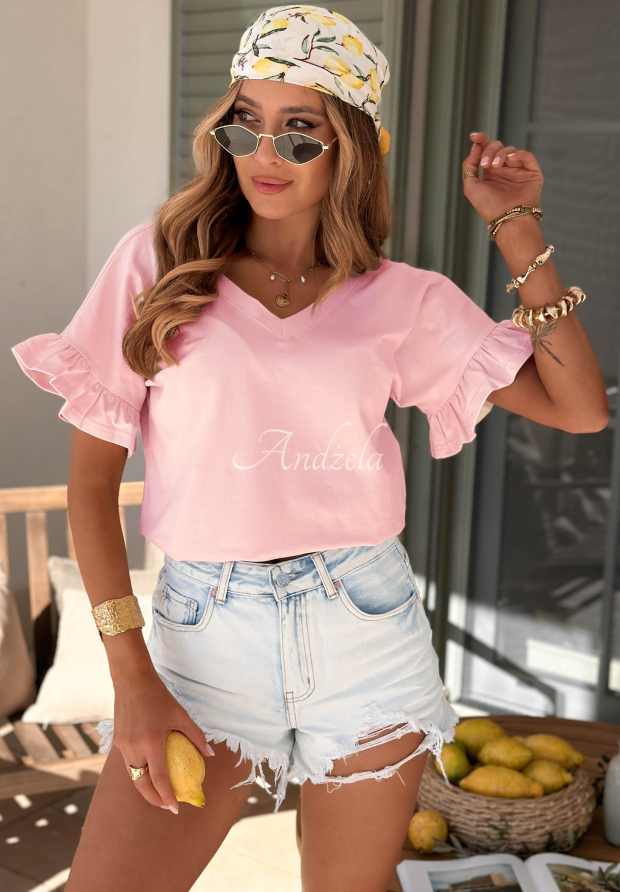 Baumwoll-T-Shirt mit R&uuml;schen Ask For More Puderrosa