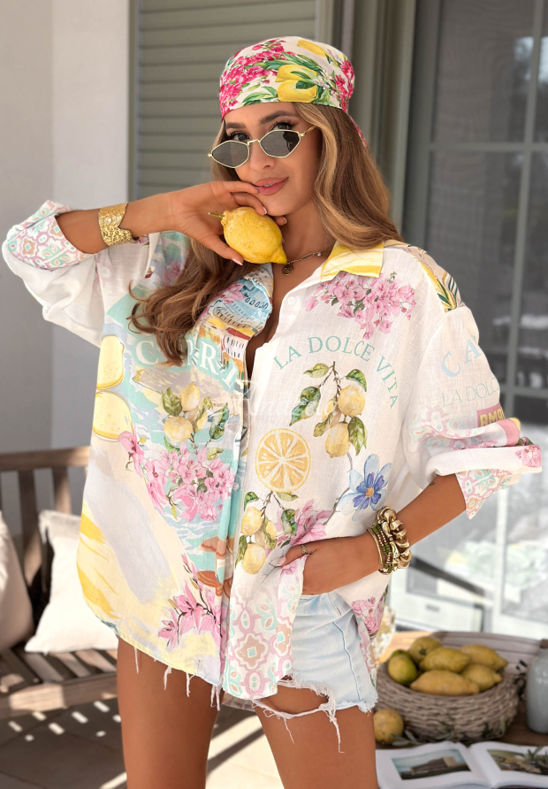 Asymmetrisches gemustertes Hemd Capri Lemonade wei&szlig;-hellblau
