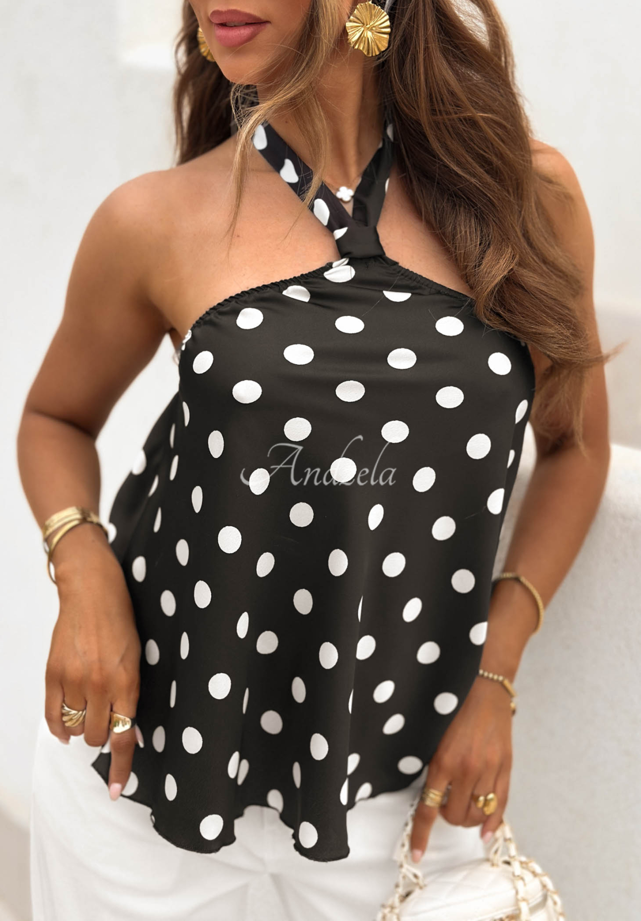 Satin-Neckholder-Top mit Polka-Dots Amalfi Glow Schwarz