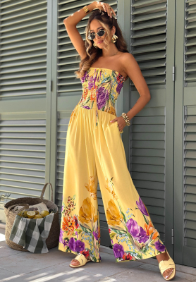 Langer, tr&auml;gerloser Viskose-Overall mit Blumenmuster Riviera Blossom Gelb