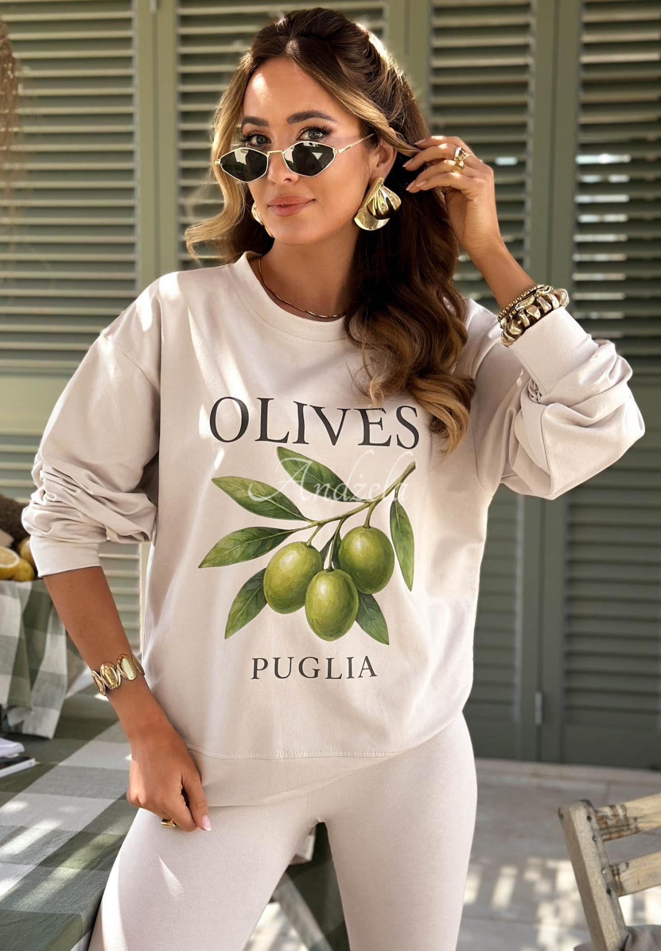 Set aus Baumwoll-Sweatshirt und Leggings Viva Oliva Beige
