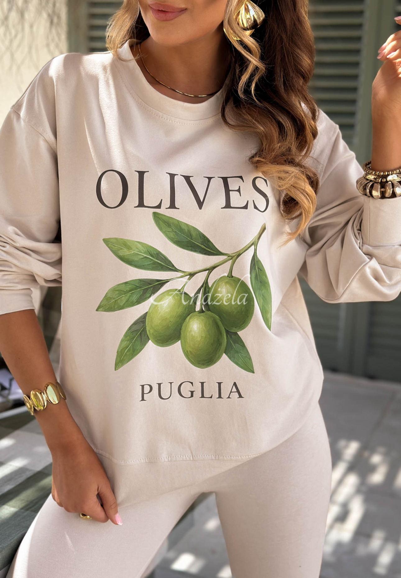 Set aus Baumwoll-Sweatshirt und Leggings Viva Oliva Beige