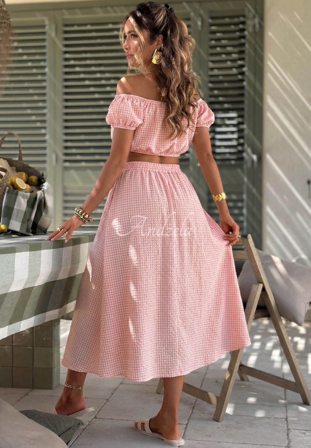 Viskose-Set mit Offshoulder Bluse und kariertem Rock Flamingo Sunset Rosa