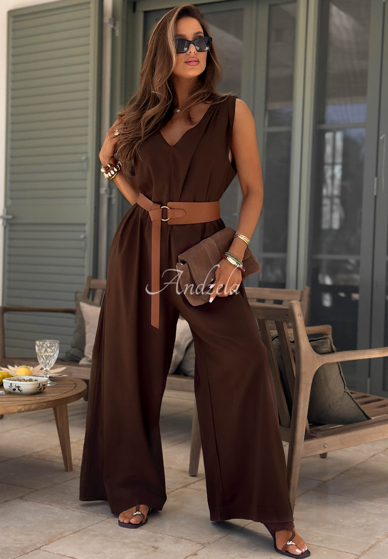 Langer Leinen-Overall mit weiten Beinen und Gürtel Tanala Schokoladenbraun