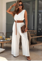 Długi lniany Jumpsuit z szerokimi nogawkami i paskiem Tanala Khaki