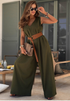 Długi lniany Jumpsuit z szerokimi nogawkami i paskiem Tanala Khaki