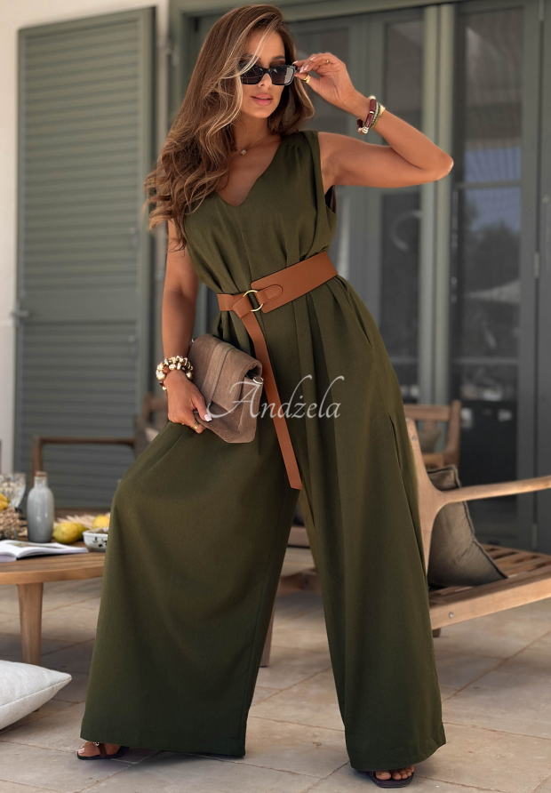 Langer Leinen-Overall mit weiten Beinen und G&uuml;rtel Tanala Khaki