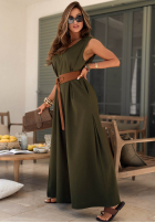 Długi lniany Jumpsuit z szerokimi nogawkami i paskiem Tanala Khaki