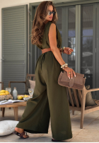 Długi lniany Jumpsuit z szerokimi nogawkami i paskiem Tanala Khaki
