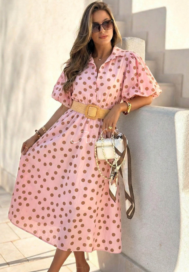 Bawełniana Kleid midi w Punkte z bufkami i paskiem Hello Bellissima Rosa