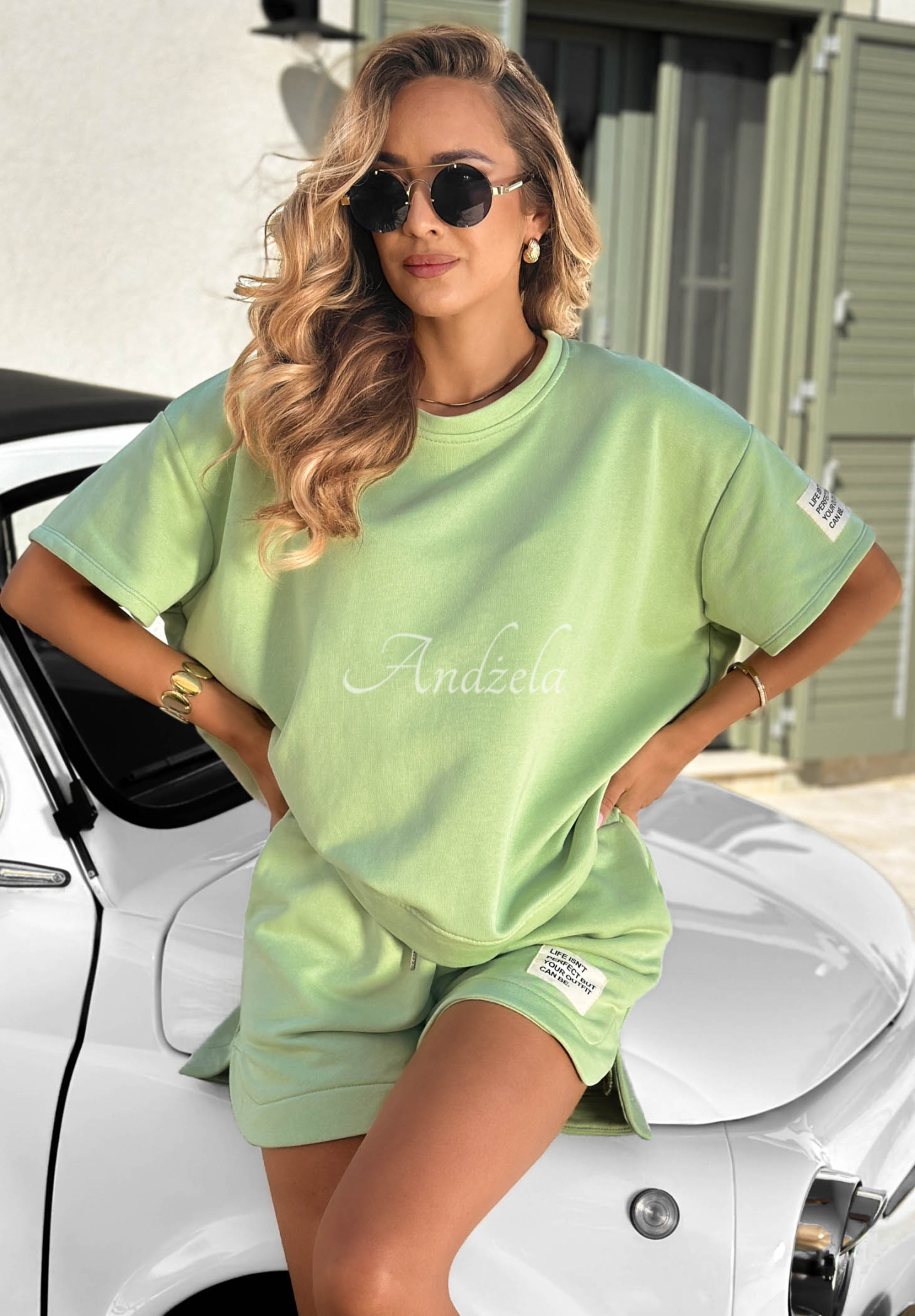 Baumwoll-Set aus T-Shirt und Shorts Sporty Summer Pistaziengrün