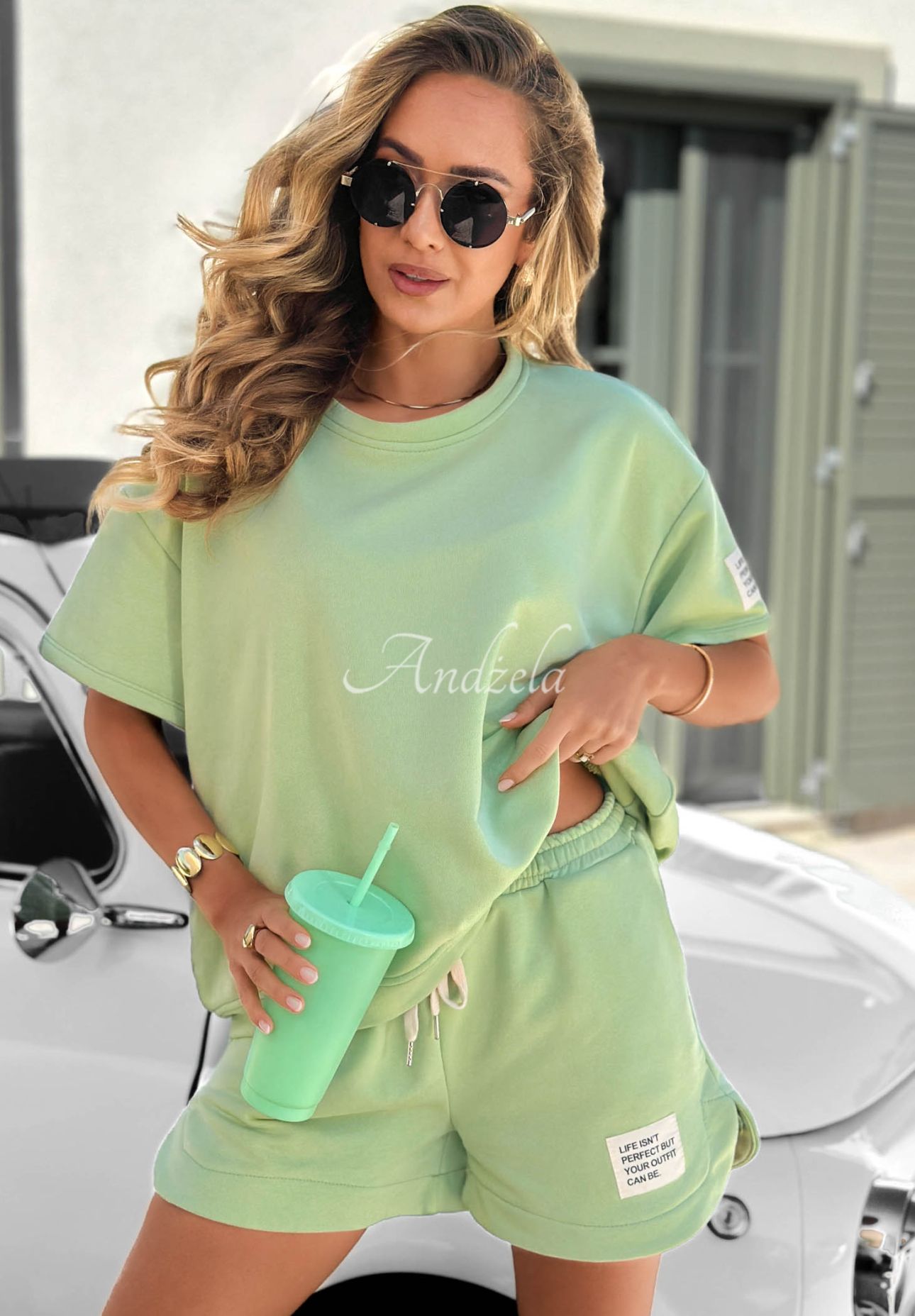 Baumwoll-Set aus T-Shirt und Shorts Sporty Summer Pistaziengrün