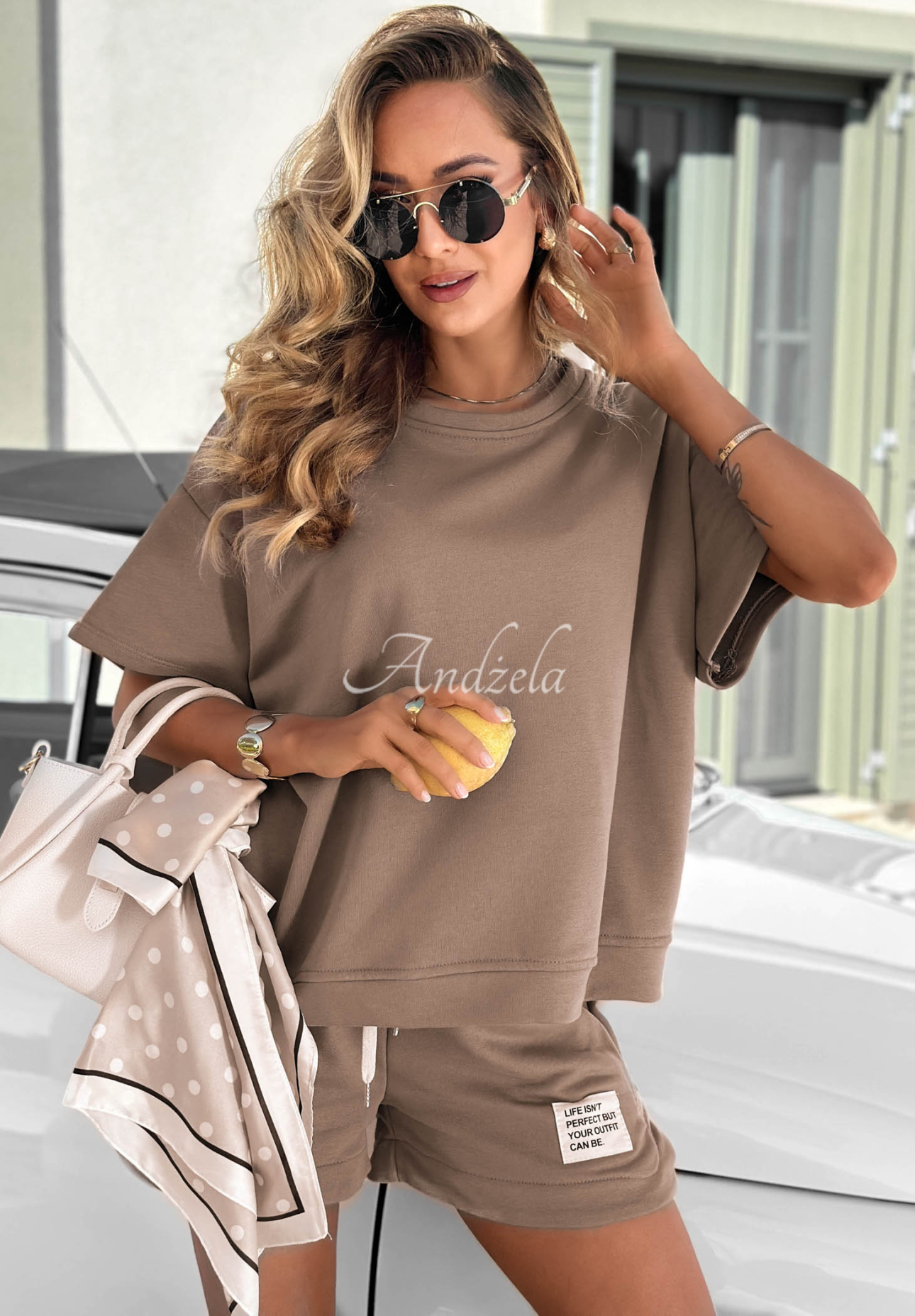 Baumwoll-Set aus T-Shirt und Shorts Sporty Summer Mokkafarben