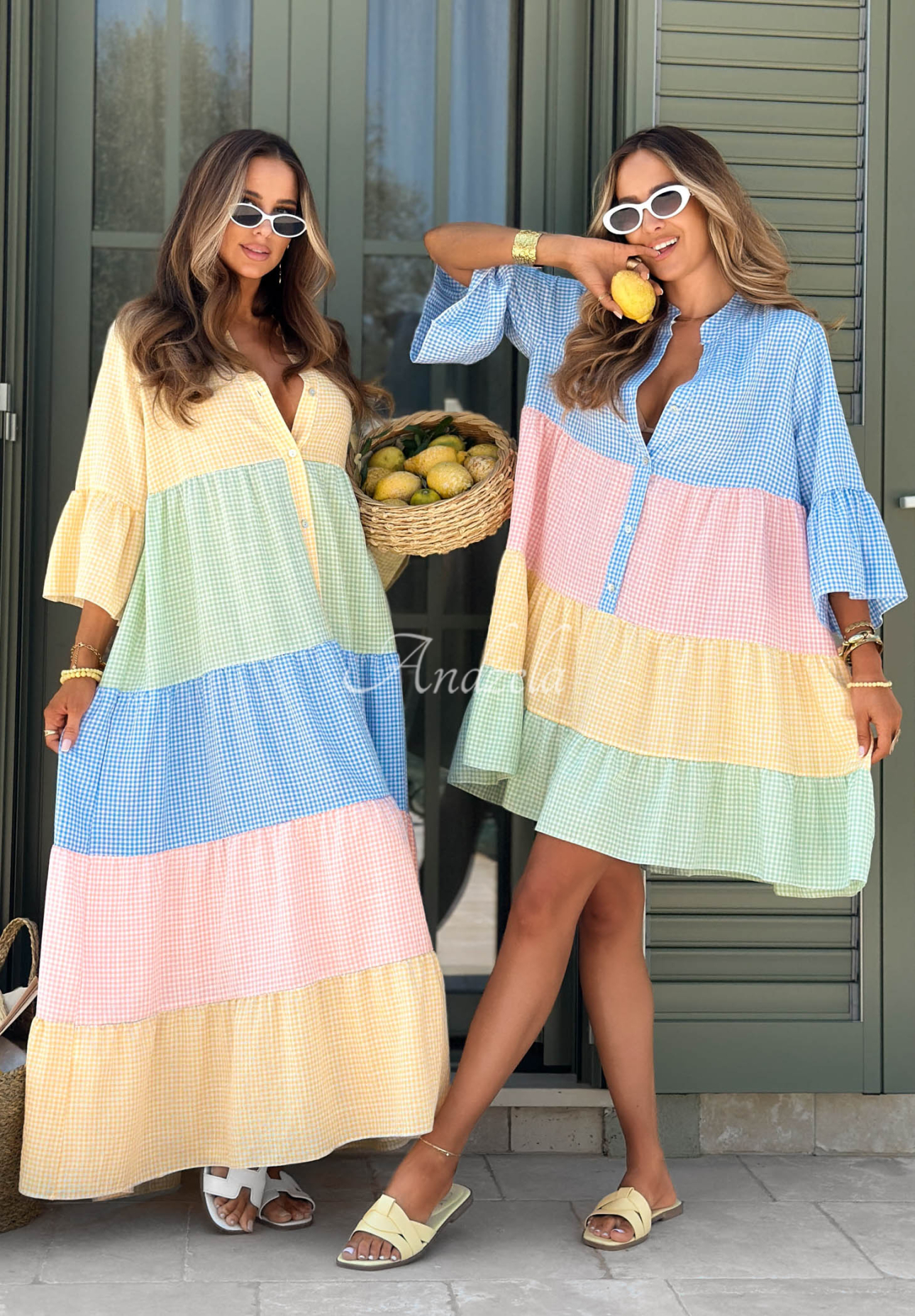 Ausgestelltes Maxikleid aus Viskose mit Karomuster Ocean Sunset gelb-blau