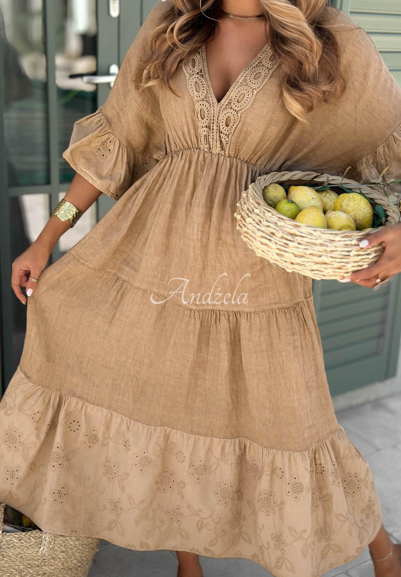 Leinen-Maxikleid mit durchbrochenen Details boho Tuscan Sunshine Camel