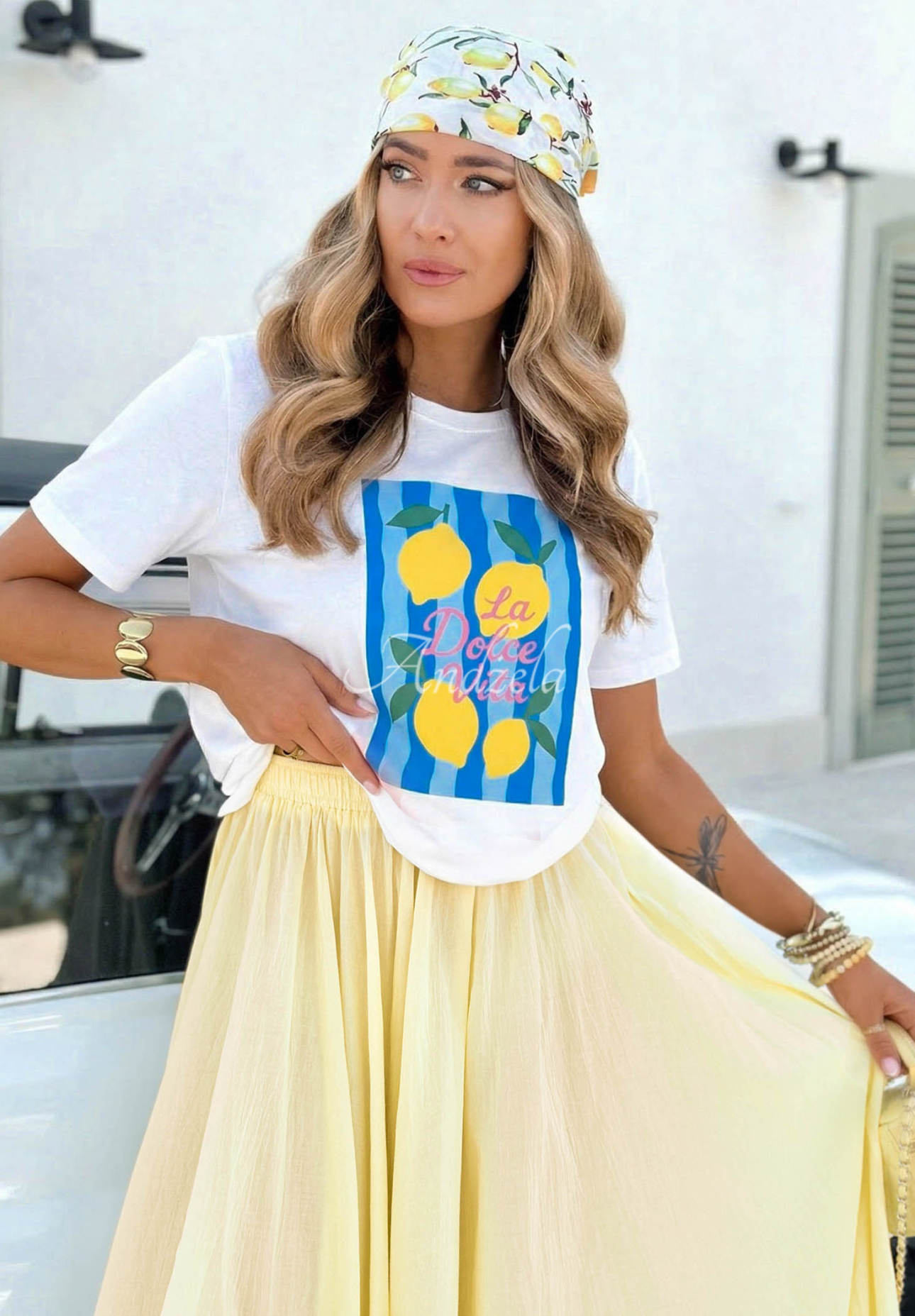 Baumwoll T-Shirt mit Aufdruck La Lemone weiß-blau