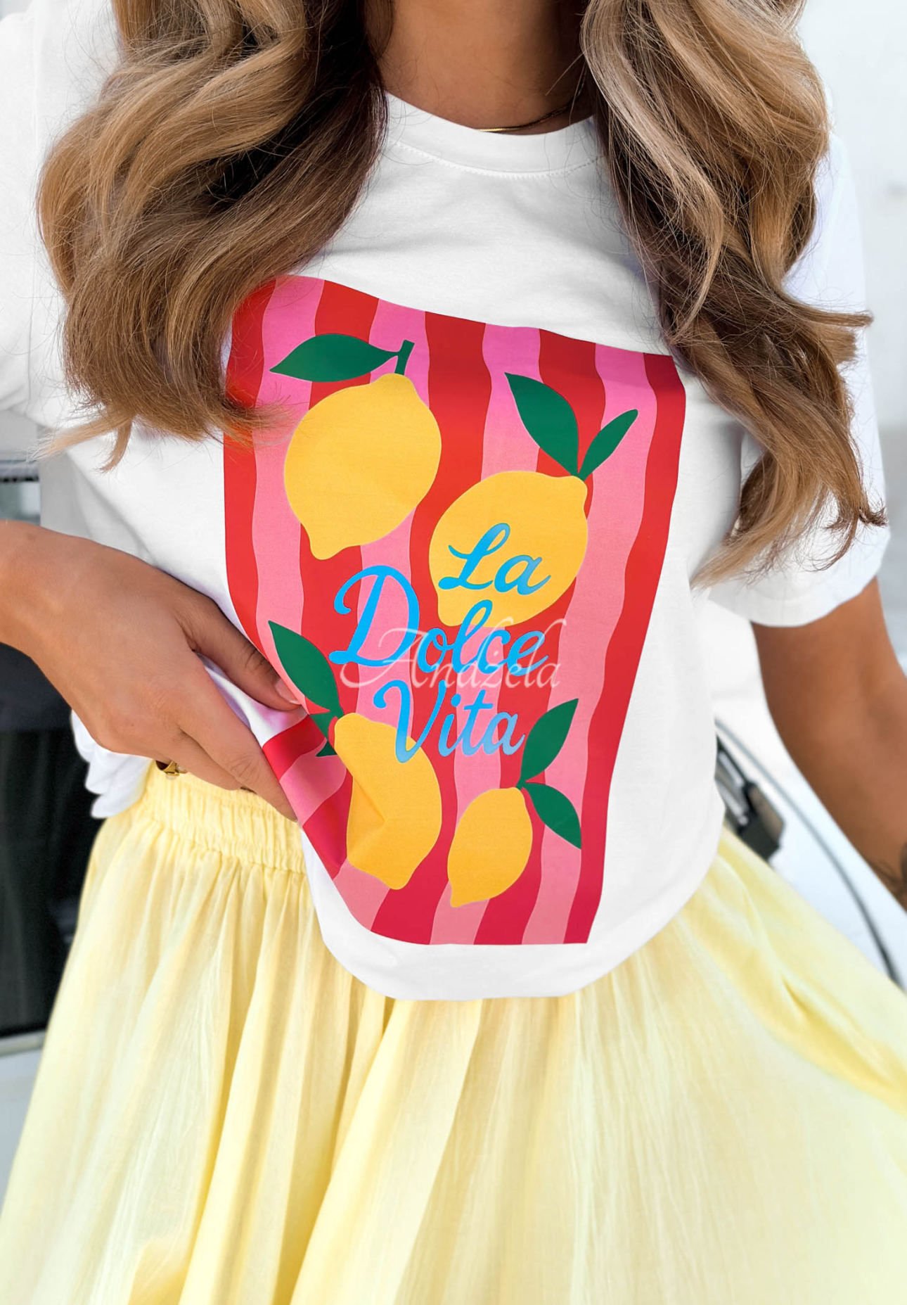 Baumwoll T-Shirt mit Aufdruck La Lemone weiß-rosa