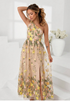 Tiulowa Kleid maxi na jedno ramię z haftowanymi kwiatami Miss Fiori Beige