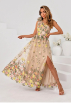 Tiulowa Kleid maxi na jedno ramię z haftowanymi kwiatami Miss Fiori Beige
