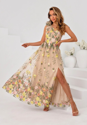 Maxikleid aus T&uuml;ll mit gestickten Blumen Fairy Bloom Beige-Gelb