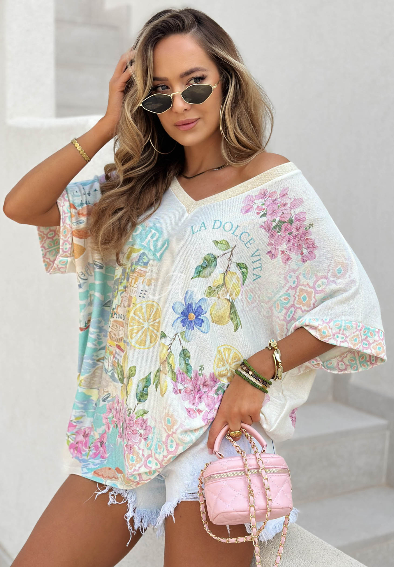 Oversized gemusterte Viskosebluse Dolce Capri Ecru