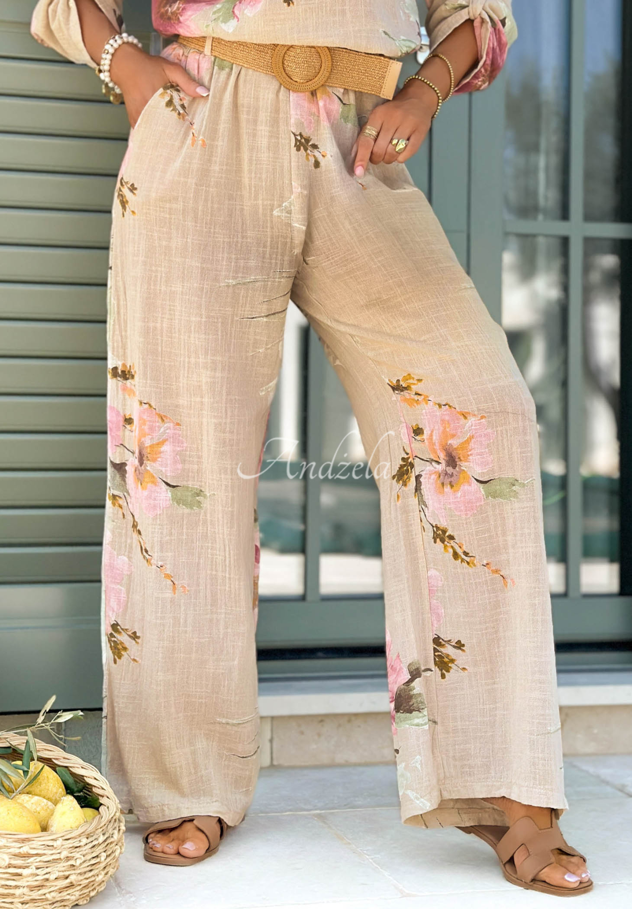 Baumwoll-Set aus Bluse und Hose mit Blumenmuster Sunny Harmony Beige