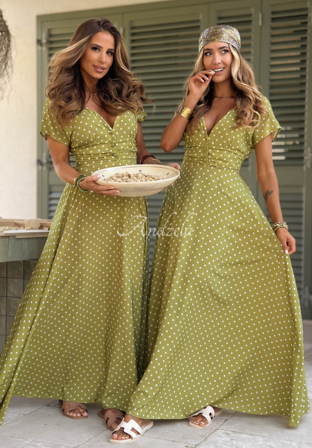 Maxikleid aus Viskose mit gepunktetem Muster Puntini Bella Olivgr&uuml;n