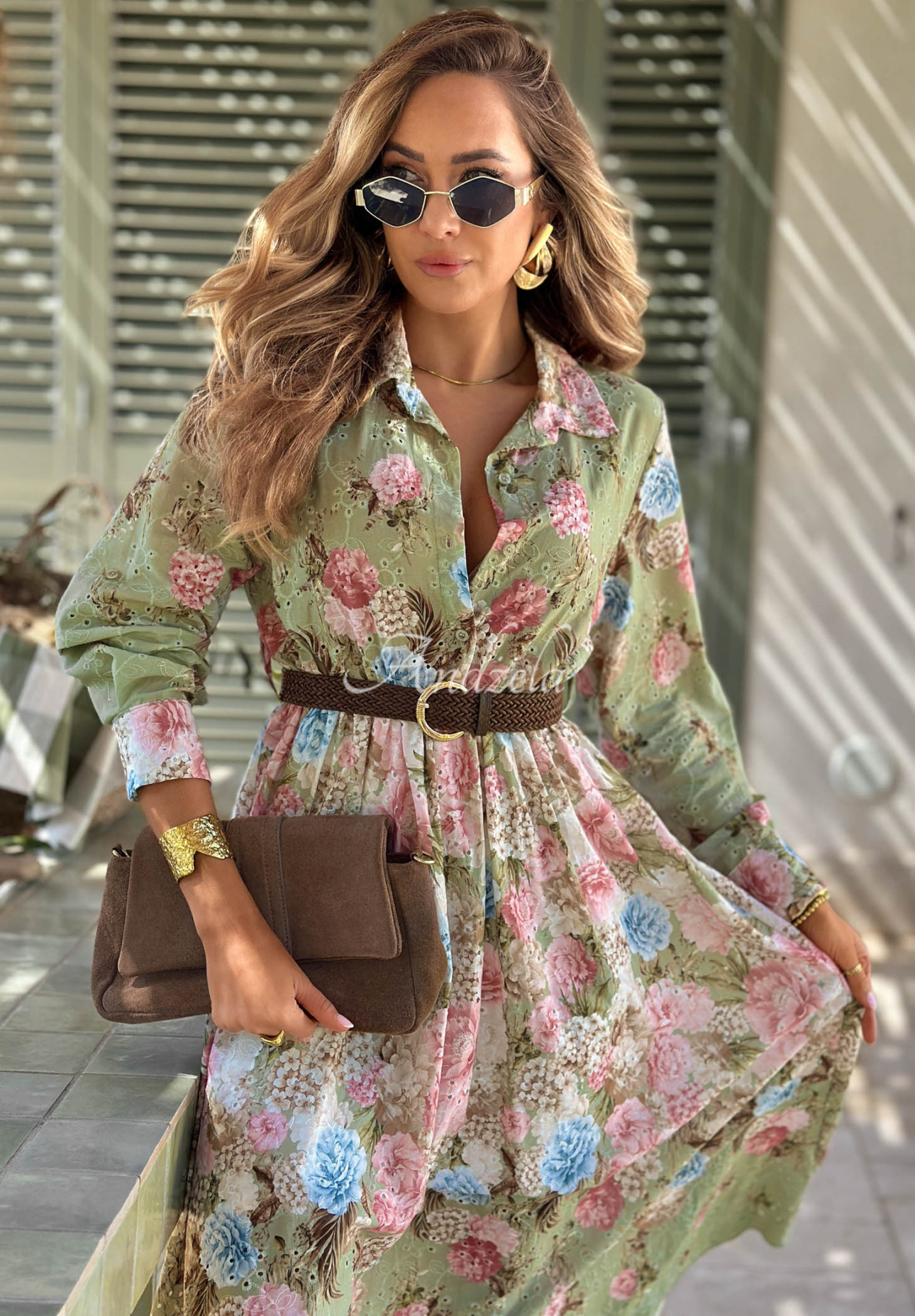 Durchbrochenes Baumwollkleid in Midi-Länge mit Blumenmuster Floribella Khaki