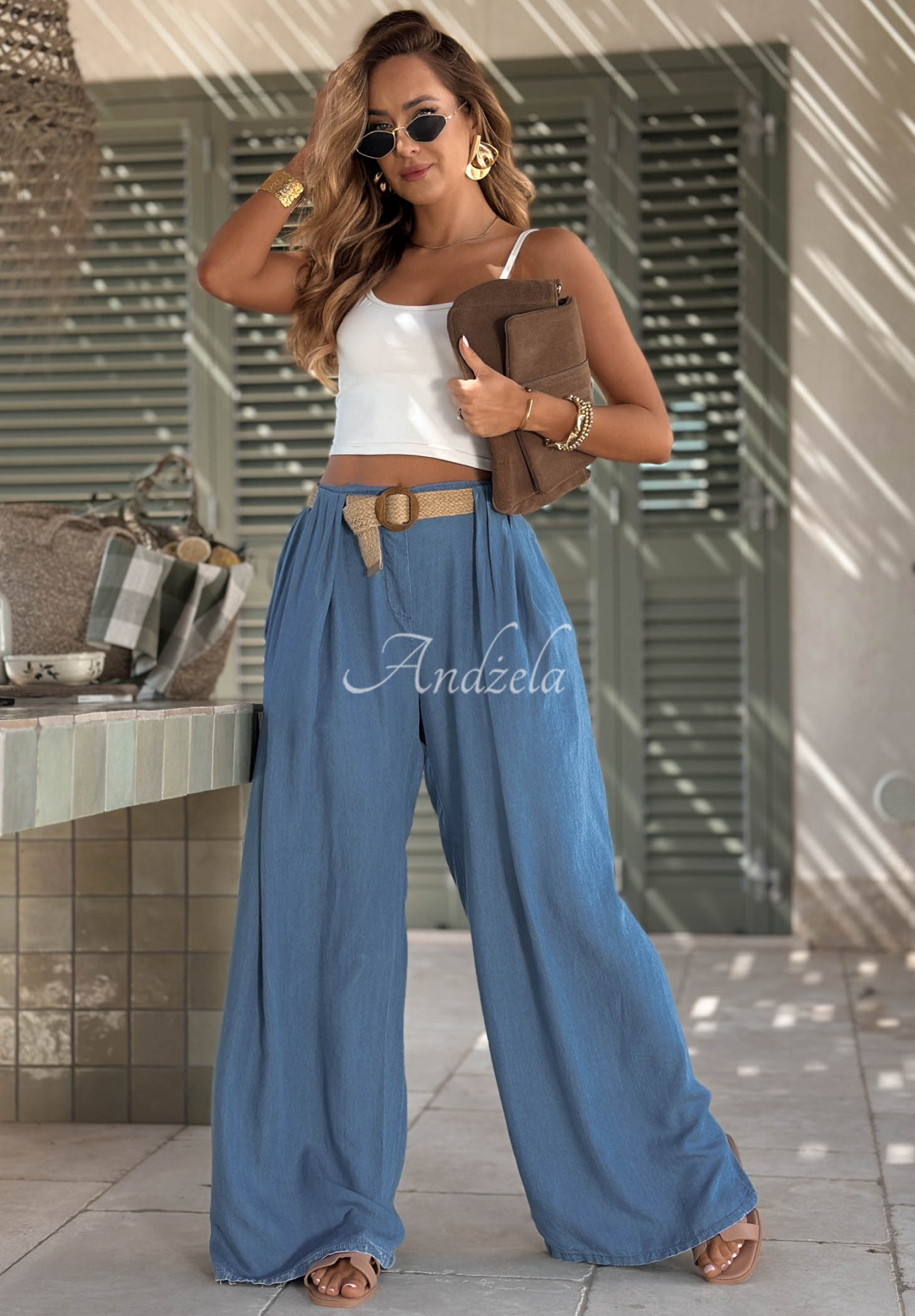 Viskosehose wide leg mit Gürtel Sun Charm Blau