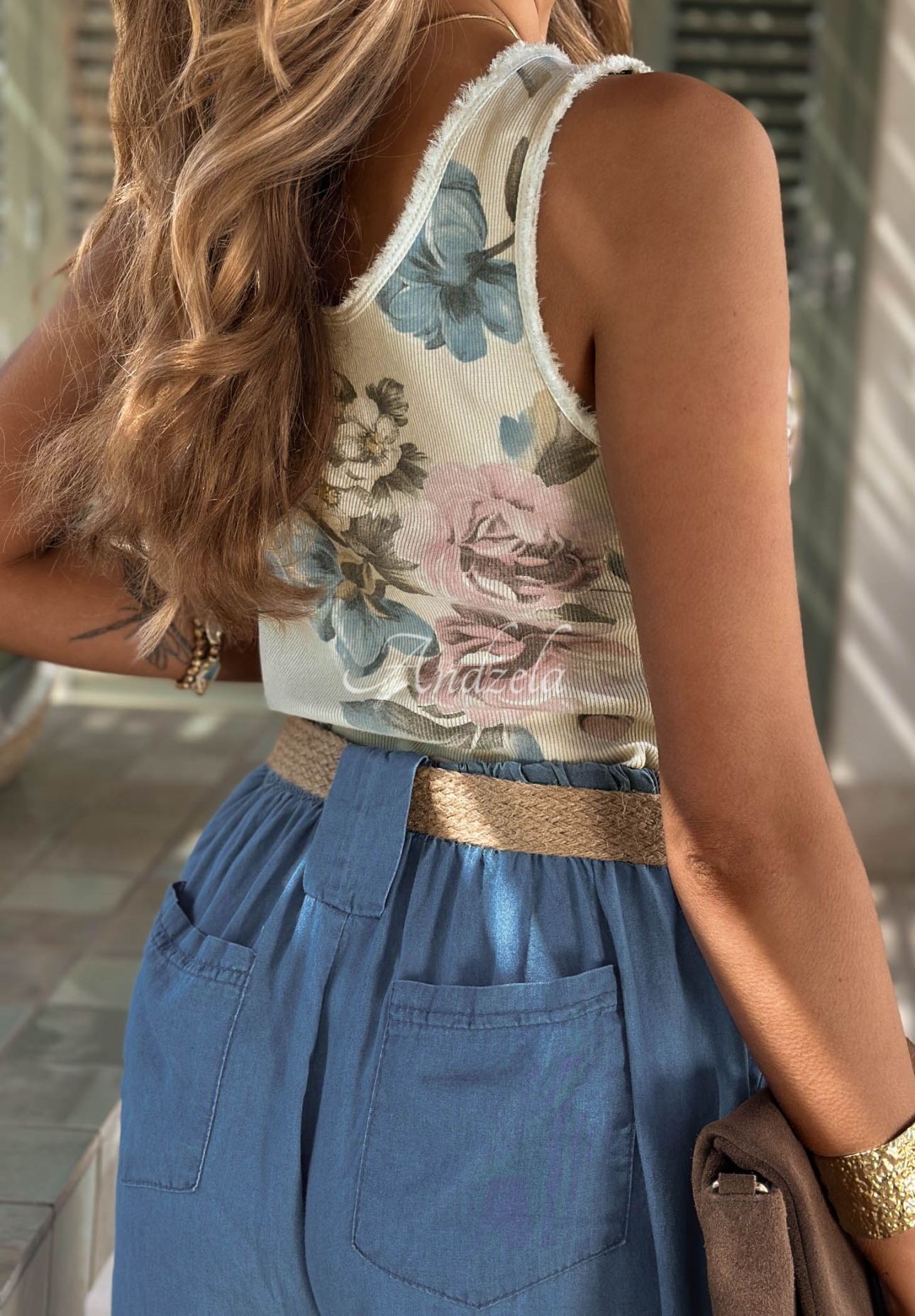 Top mit Blumenmuster und Trägern aus Baumwolle Fresh Blossom Beige