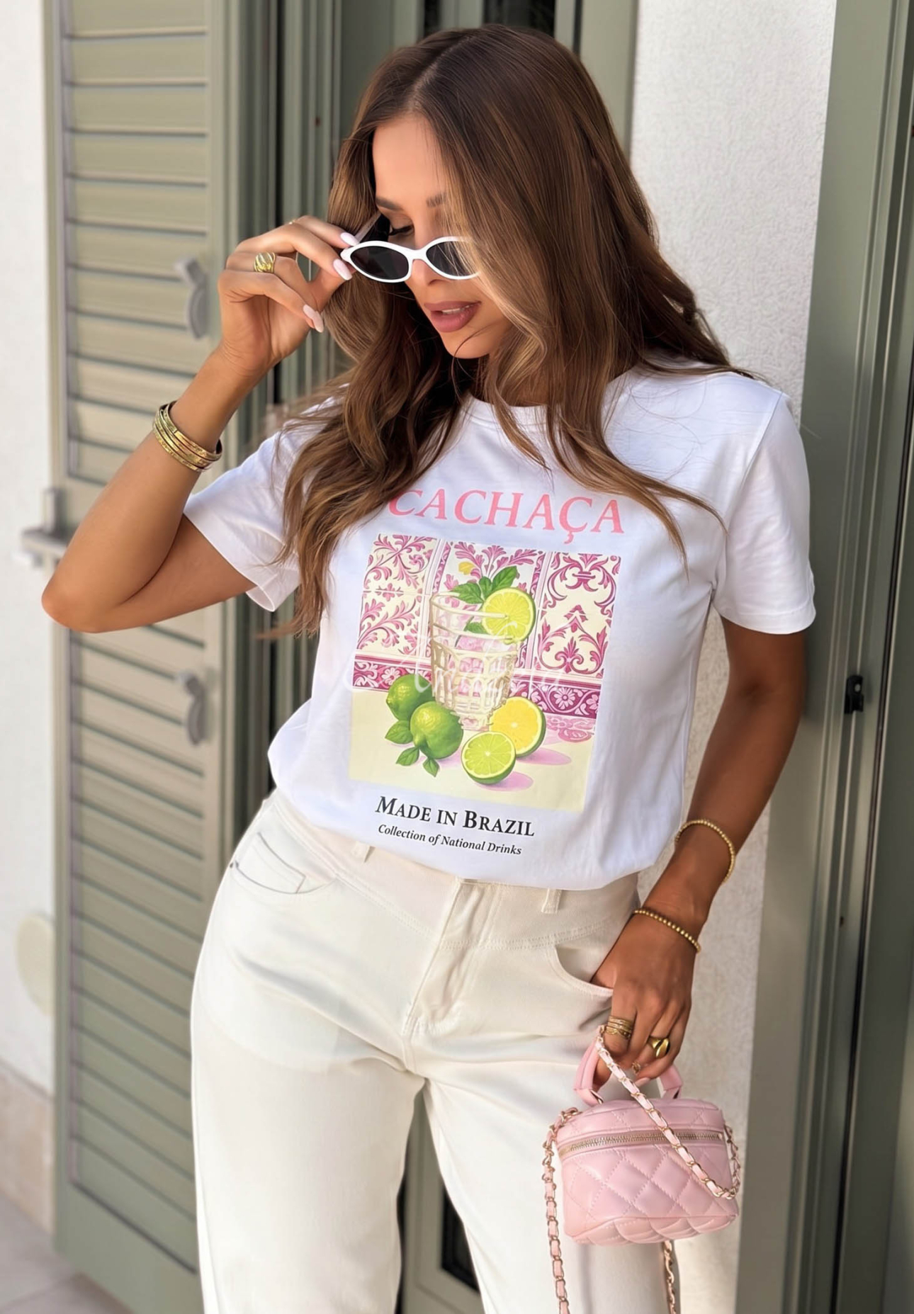 Baumwoll-T-Shirt mit Aufdruck Cachaca Lemon weiß-Rosa