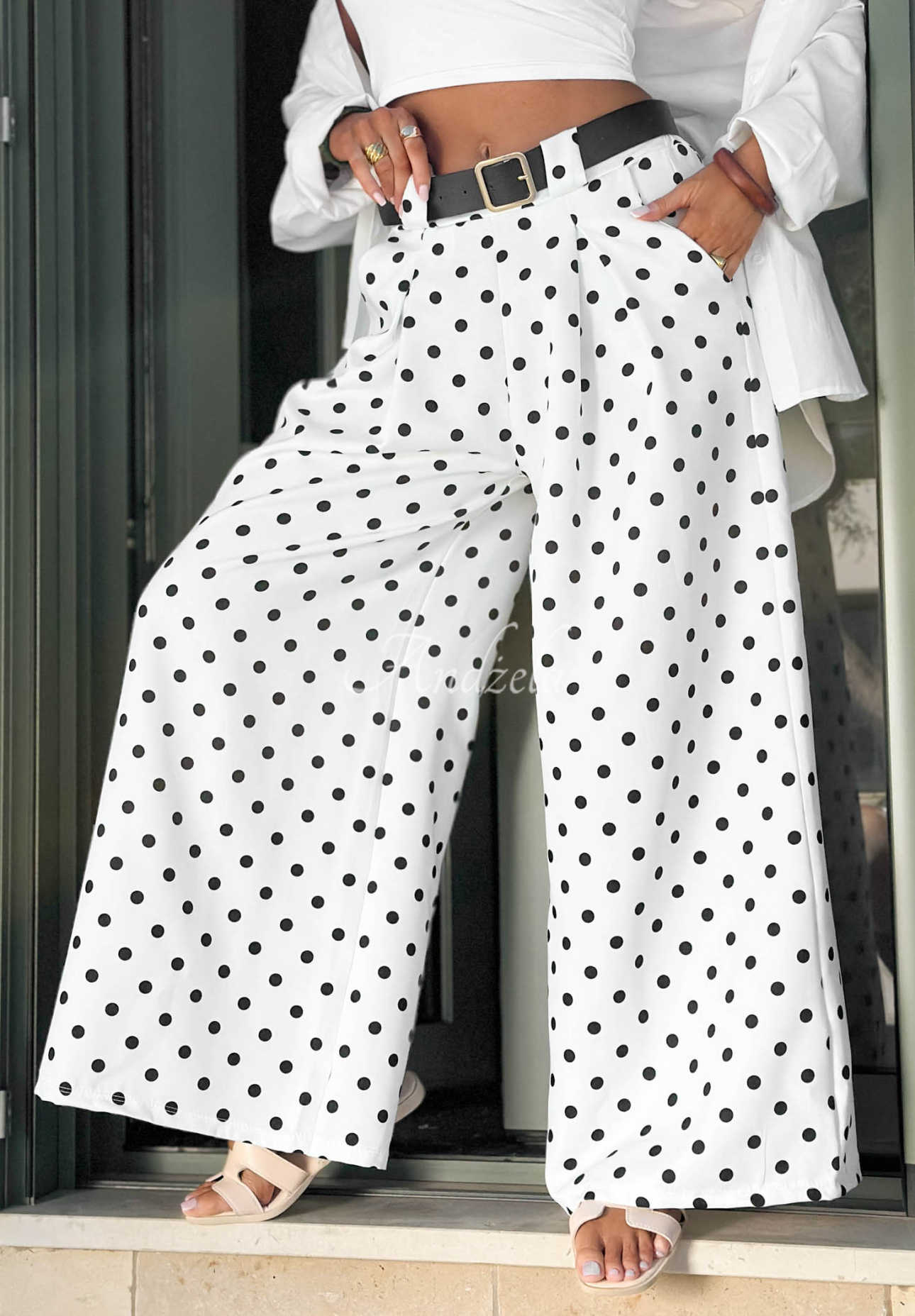 Wide leg Stoffhose mit Polka-Dots Amore Dots Weiß