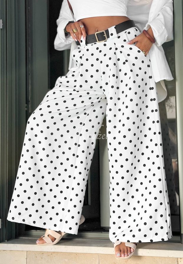Wide leg Stoffhose mit Polka-Dots Amore Dots Wei&szlig;